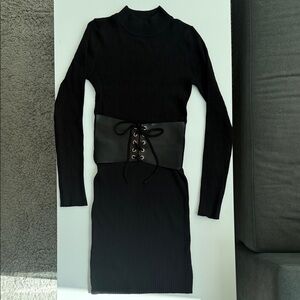 Fashion Nova Black Long Sleeve Dress with Lace-Up Detail